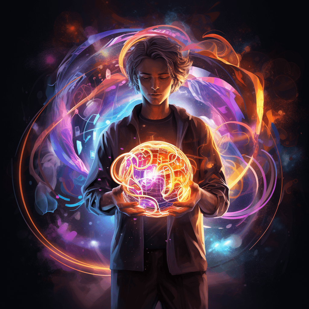 Developer cradling a luminous orb filled with spiraling lines of code, representing the power of ideas and the vast potential within.