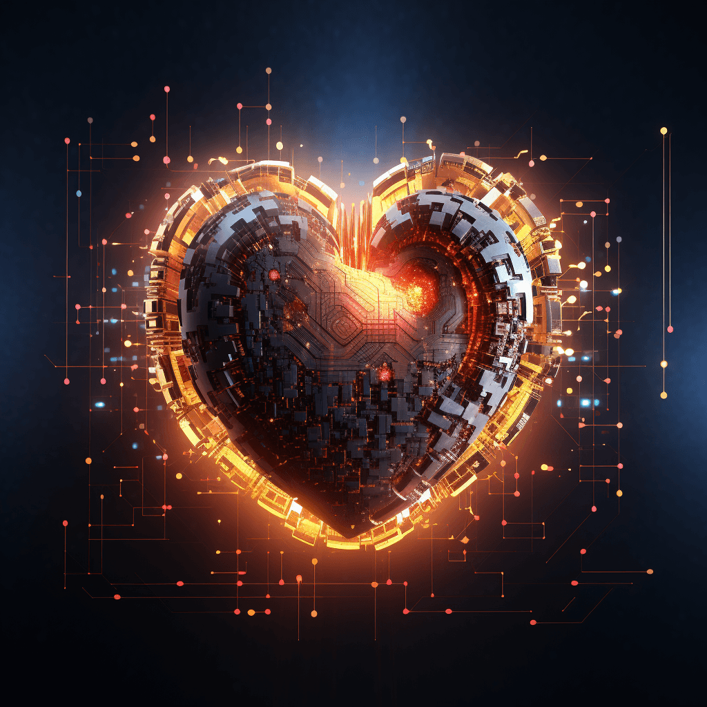 A vibrant, glowing digital heart radiating pulses of binary code, representing the real-time updates sent from the server to the client in a Server-Sent Event system.