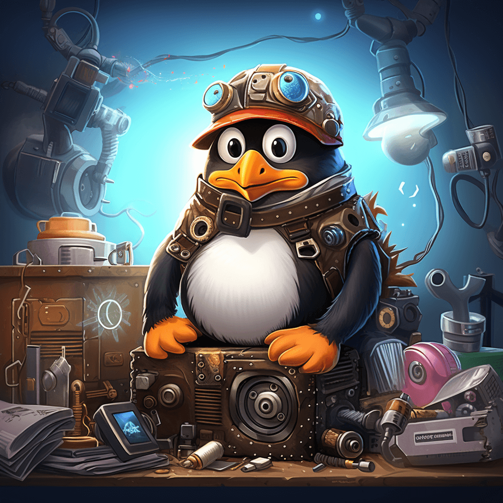 Cartoon of the Linux penguin as a mechanic, tuning a computer system with a 'WebStorm' toolbox, surrounded by sparks, gears, and wrenches, symbolizing the installation and setup of the WebStorm IDE on Linux.