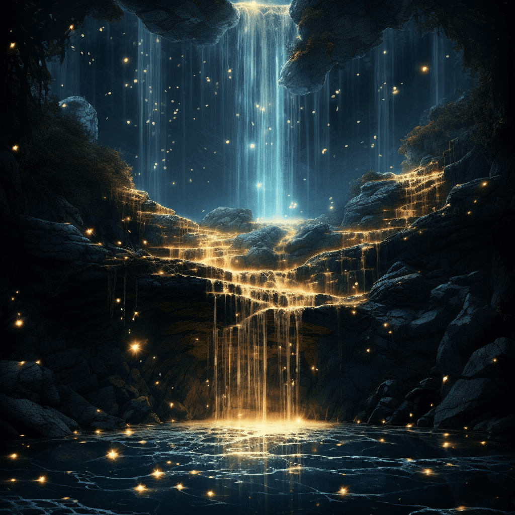 Image depicting a waterfall under a starlit night sky, where cascading golden stars flow majestically down into a shimmering, luminescent pool below, illustrating the intricacies of the HTML and CSS-based star rating system described in the blog post.
