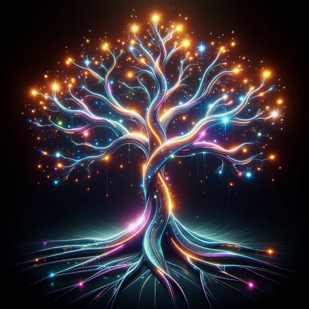 A futuristic, glowing tree with multiple branches intricately intertwining, symbolizing the complex nature of rebasing and resolving merge conflicts in Git. The tree is set against a dark background, highlighting its luminescent and high-tech appearance with vibrant colors.